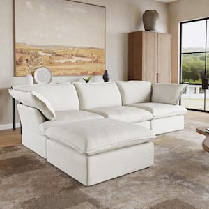 122.3 in. Wide Flared Arm Linen Modular 4-Piece Down-Filled Free Combination Sofa with Ottoman in. White