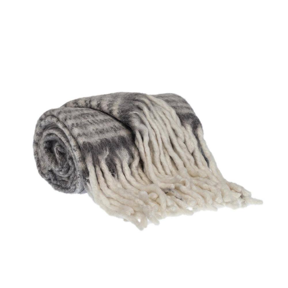 Gray and White Wool Handloom Throw Blanket, 52" x 67"