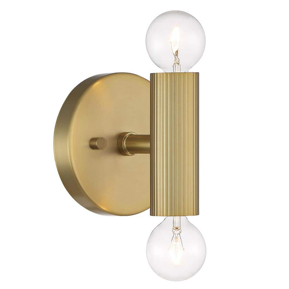 Cordelia Lighting Windrush 4.75 in. 2-Light Brushed Gold Industrial Wall Sconce with Ribbed Metal Accent