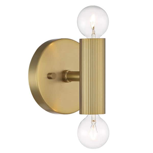 Windrush 4.75 in. 2-Light Brushed Gold Industrial Wall Sconce with Ribbed Metal Accent