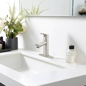 Single Handle Lavatory Faucet, 4 in. Centerset, Angle Spout, Ceramic Disc Control, Matching Push Pop-Up, Stainless Steel
