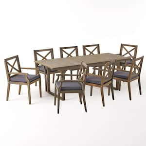 Belasera 30 in. Grey 9-Piece Wood Rectangular Outdoor Patio Dining Set with Dark Grey Cushions