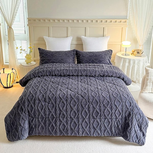 3-Piece Slate Fluffy Sherpa Fleece Comforter Set Tufted Bedding Comforter Set 75 in. x 83 in.