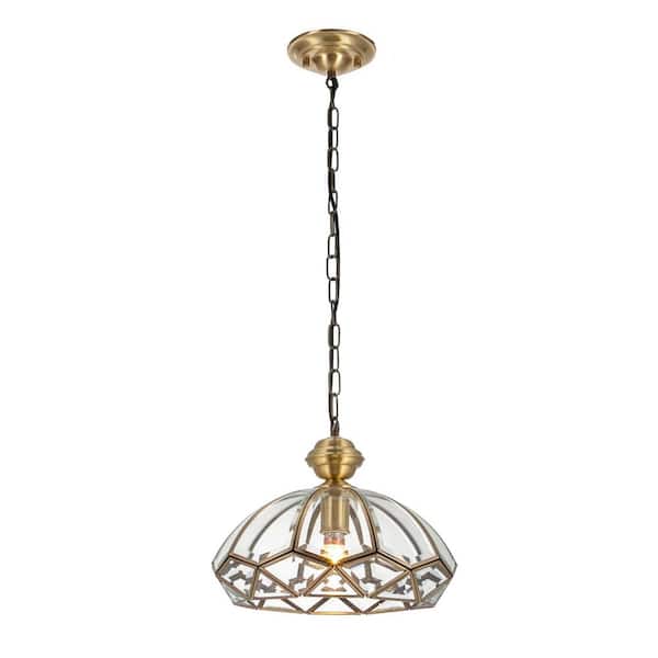 OUKANING 1-Light Gold Modern Shaded Pendant Light with Clear Glass Shade and Adjustable Chain, No Bulbs Included
