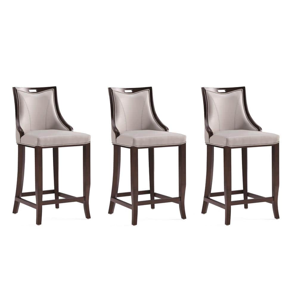 Set of 3 Light Grey Faux Leather and Walnut Wood Barstools