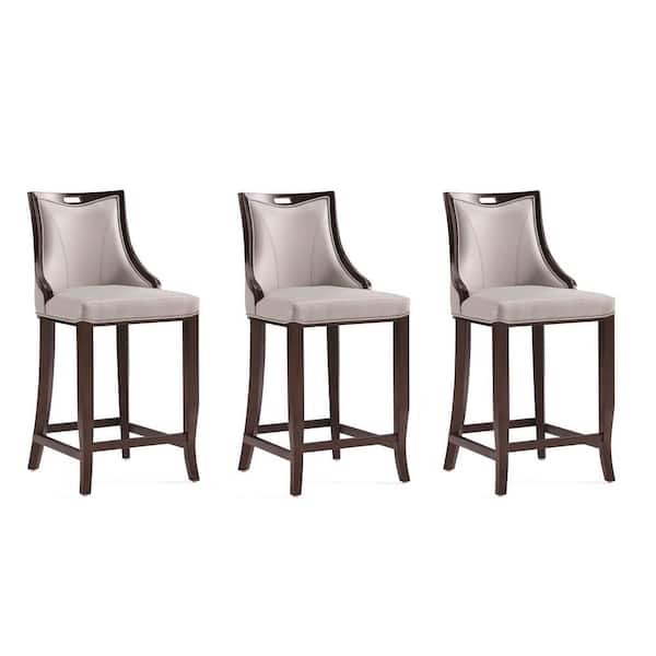 Manhattan Comfort Emperor 27 in. Light Grey Beech Wood Barstool with Faux Leather Upholstered Seat (Set of 3)