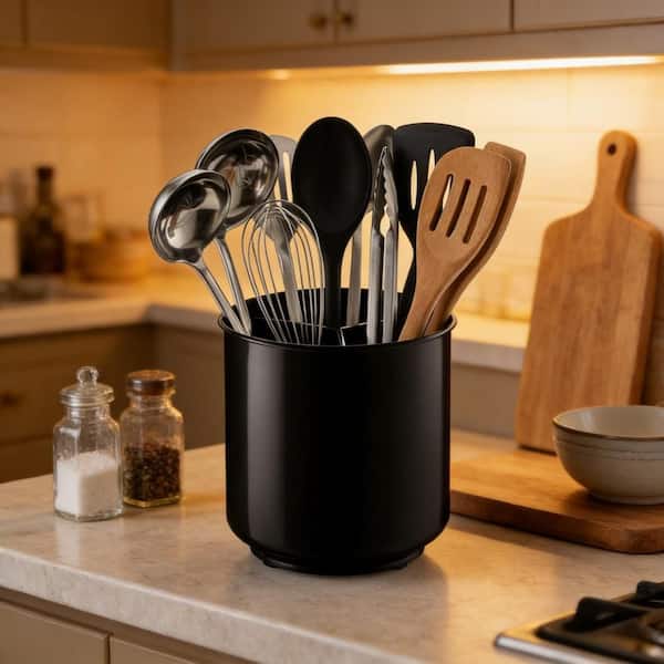 Jumbo Extra Large Sturdy Rotating Utensil Holder with No-Tip Weighted Base and Rust Proof for Kitchen Utensils, Black