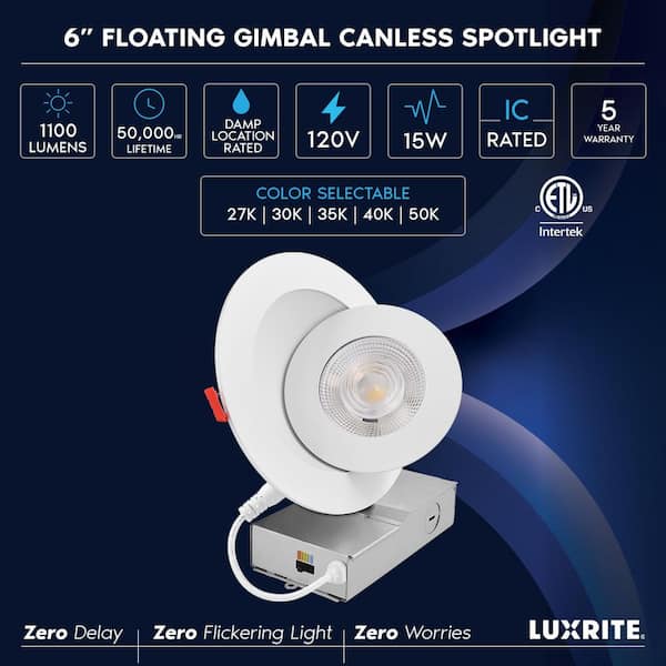 6 In. Integrated LED Recessed Light J-Box Gimbal 5CCT 15W 1100LM Dimmable Directional Downlight Damp & IC Rated 4 Pack