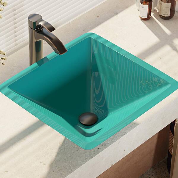 Rene Glass Vessel Sink in Cerulean with R9-7006 Faucet and Pop-Up Drain in Antique Bronze