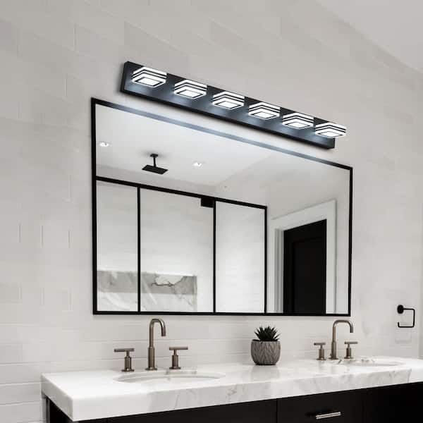 39 in. 6-Light Black LED Vanity Light with Square Acrylic Shades