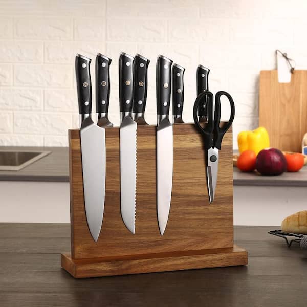 Acacia Wood Magnetic Knife Block with Double Sided Strong Magnet, Non-Slip Foot Pad, Blade Protective Storage