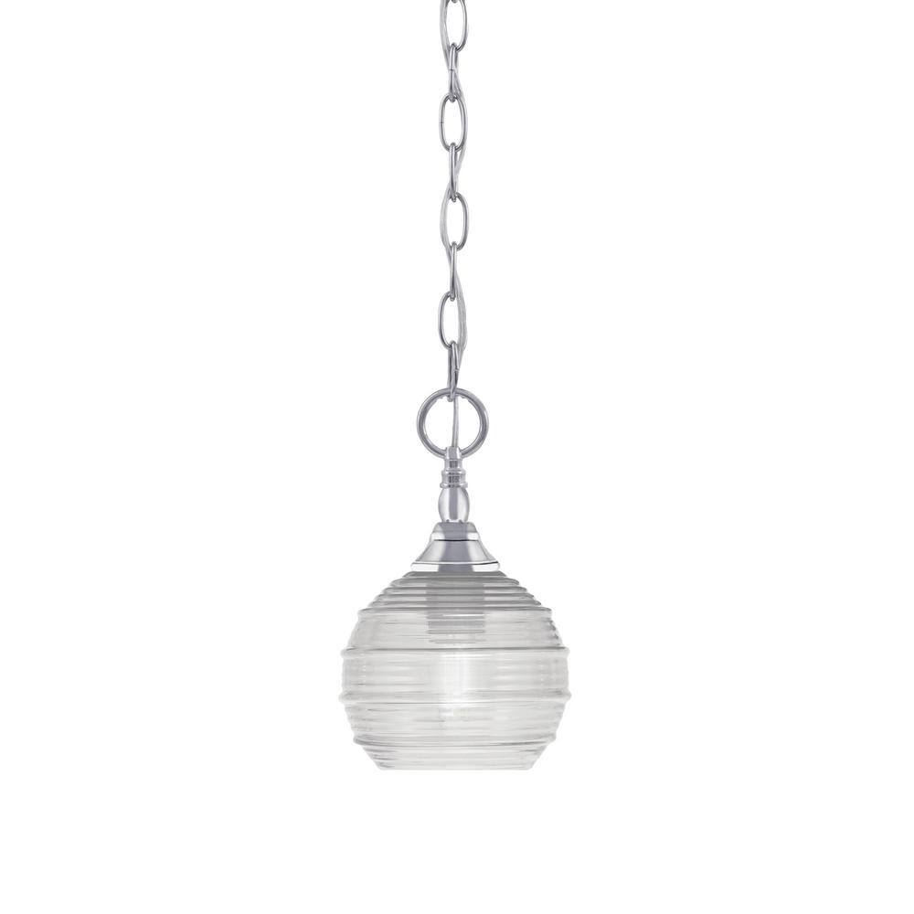 Elva 100-Watt 1-Light Chrome Shaded Pendant Light with 6 in. Clear Ribbed G
