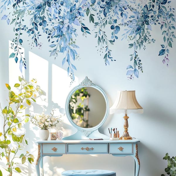 68.9 in. x 30 in. Blue Plants Leaves Wall Decal, Removable Vinyl Floral Sticker for Home Office Decor