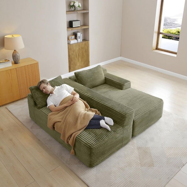 Seafuloy 94.5 in. Corduroy L-Shaped Sectional Sofa with Ottoman