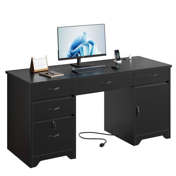 59 in. Rectangular Black Executive Desk with Lockable File Drawer and Power Outlet, Office Desk 2-in-1 Keyboard Drawer
