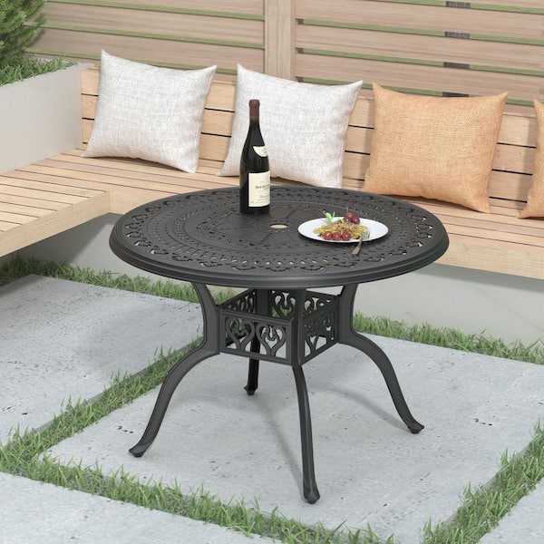 39.37 in. Black Round Cast Aluminum Outdoor Dining Table