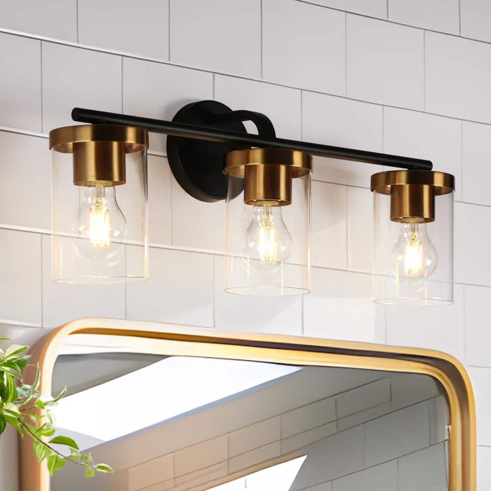 23.6" Black and Brass Metal Vanity Light with Clear Glass Cylinder Shades