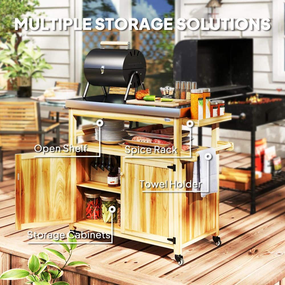 Natural Wood Outdoor Grill Cart with Stainless Steel Top and Storage