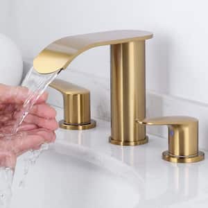 8 in. Widespread Double Handle Waterfall Bathroom Faucet with Pop-up Drain and Supply Hoses in Gold