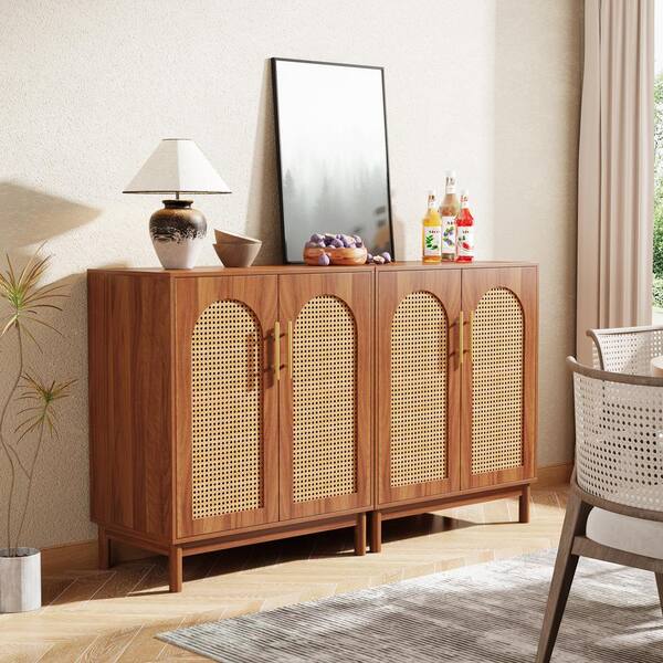 Alan Brown Wood 59 in. Sideboard Buffet CabinetRattan 4 Doors Accent Storage Cabinet (Set of 2) Dining Table Seat 6