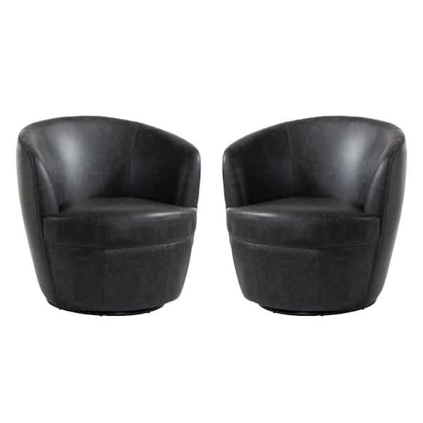 Minimalistic Black PU Leather Swivel Barrel Arm Chair with Metal Base (Set of 2)