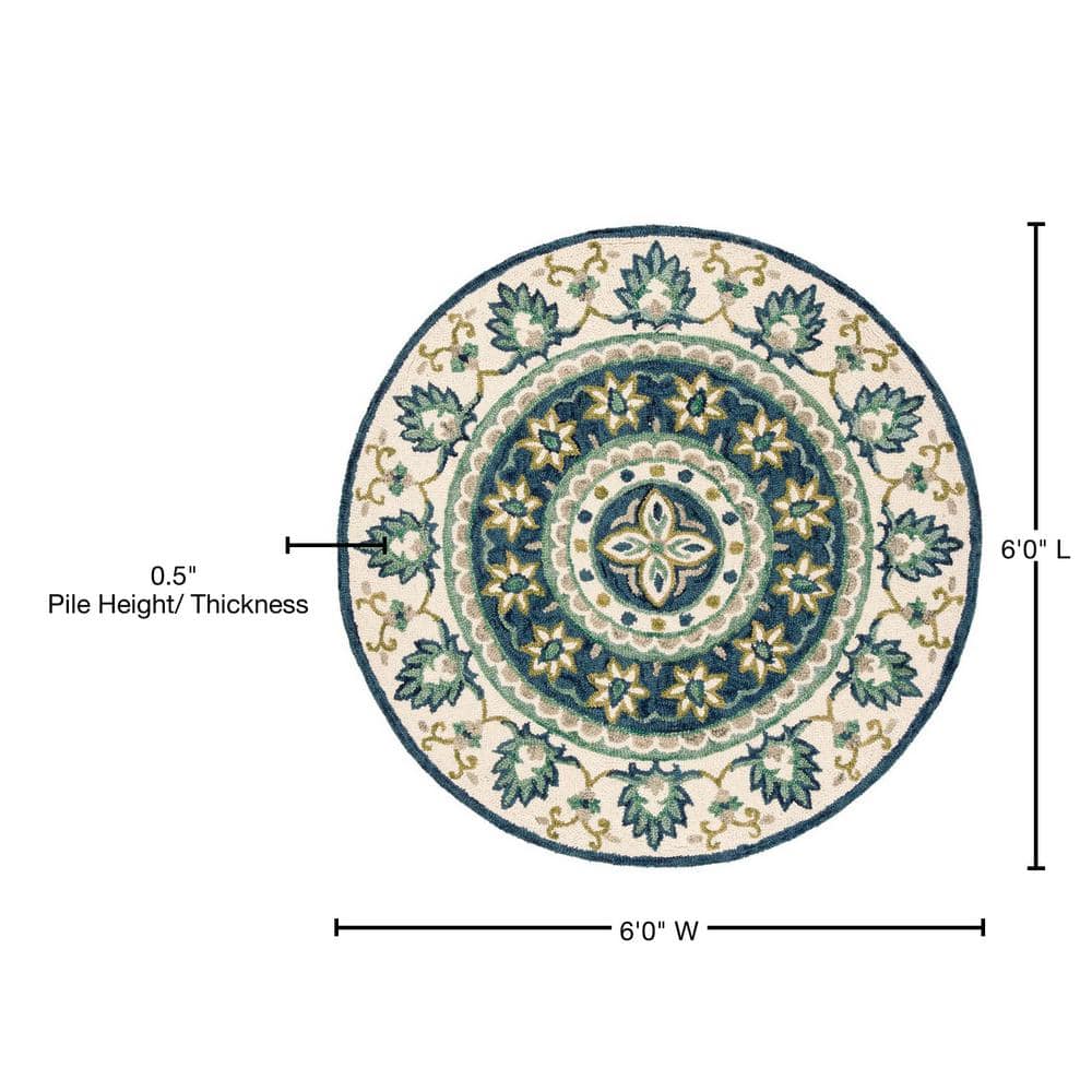 Handmade Ivory and Blue Round Wool Tufted Area Rug