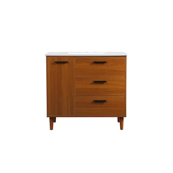 Unbranded Simply Living 36 in. W x 22 in. D x 34 in. H Bath Vanity in Teak with Ivory White Engineered Marble Top