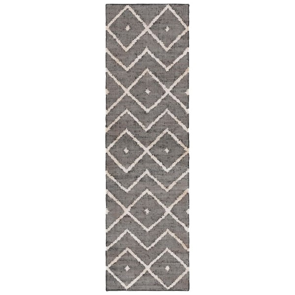 Kilim Charcoal/Natural 2 ft. x 13 ft. Geometric Diamonds Runner Rug