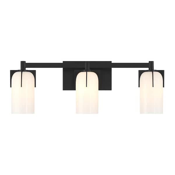 Caldwell 24 in. 3-Light Matte Black Bathroom Vanity Light with Etched White Opal Glass Shades