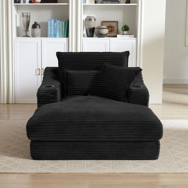 Compression Black Cotton Twin Size Sofa Bed, Lounge Chair with Double-Layer Cushion, Cup Holders and Side Pockets