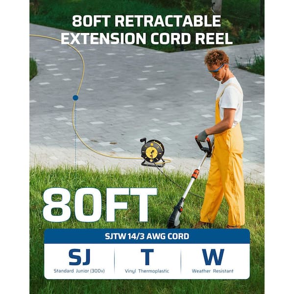 Heavy Duty 80 ft. 14 / 3 SJTW 13 Amp Indoor / Outdoor Retractable Extension Cord Reel with 4-Grounded Outlets Yellow