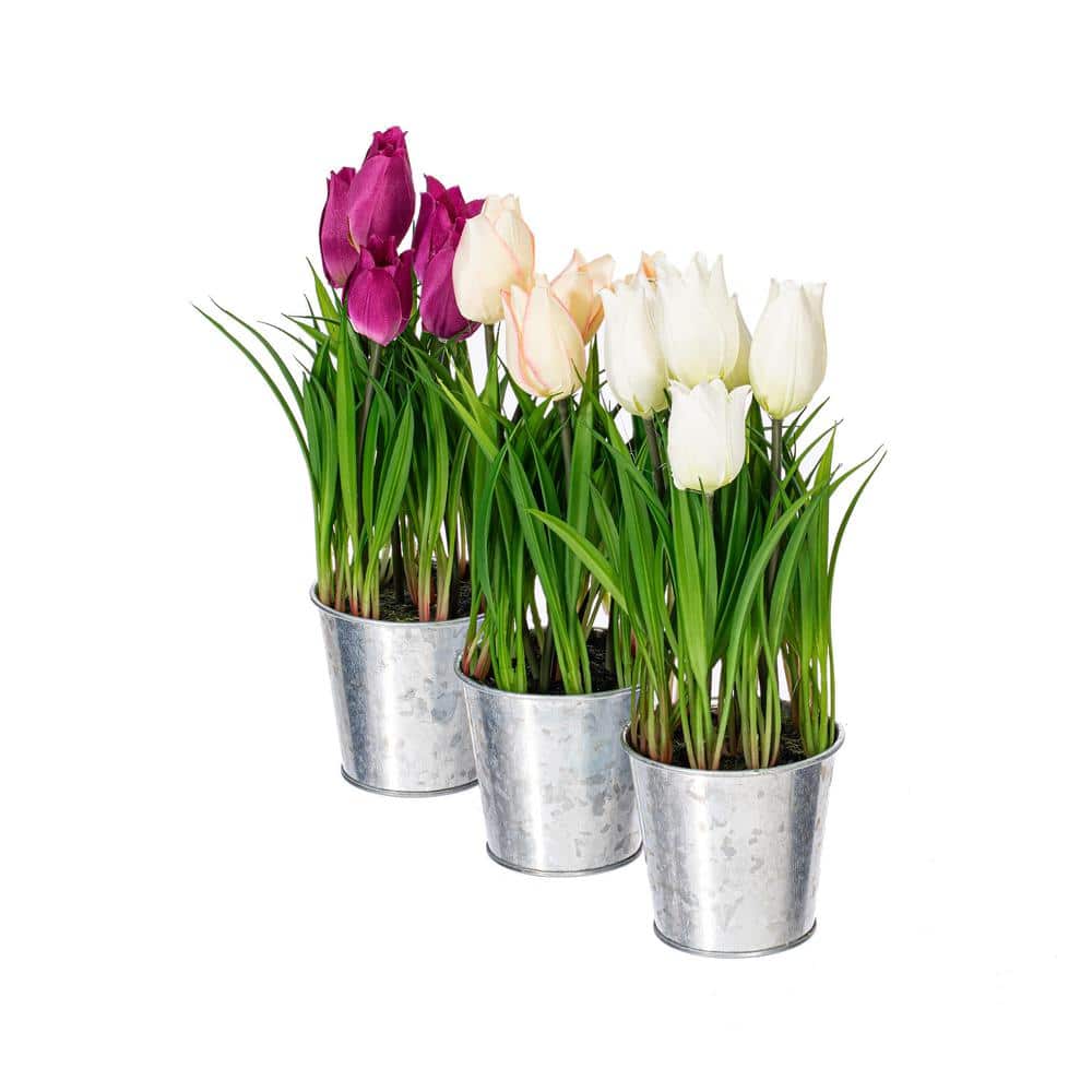 10.5" Assorted Artificial Tulips in Metal Pots Set