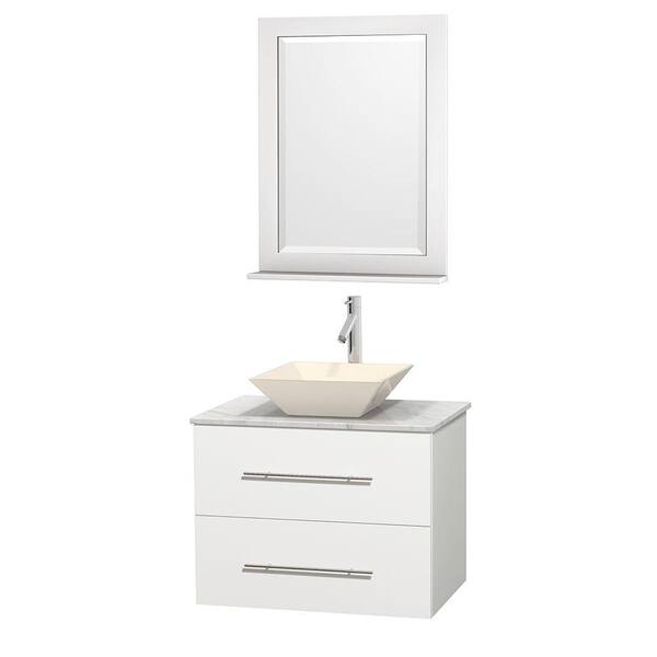 Wyndham Collection Centra 30 in. Vanity in White with Marble Vanity Top in Carrara White, Bone Porcelain Sink and 24 in. Mirror