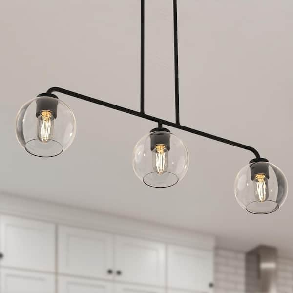 32 in. Modern 3-Light Indoor Island Pendant Light, Black with Glass Shade for Bar, Dining Room, and Kitchen Island