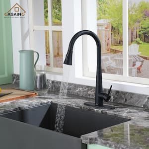 Single Handle Pull Down Sprayer Kitchen Faucet with Three-function Pull Out Sprayer Head in Matte Black