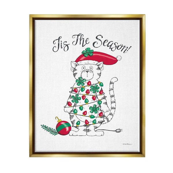 Stupell Industries Tis the Season Cat by Deb Strain 1 Piece Floater Frame Graphic Print Animal Poster Art Print 21 In. X 17 In.