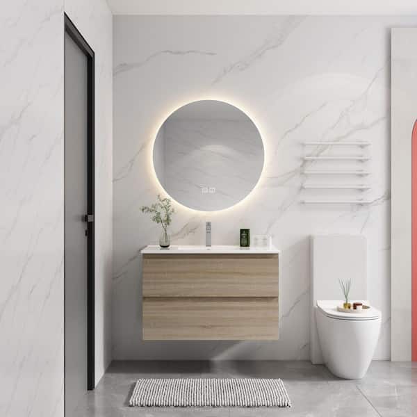 35.9 in. W x 18.3 in. D x 20.5 in. H Wall-Mounted Bathroom Vanity in Light Oak with White Ceramic Top