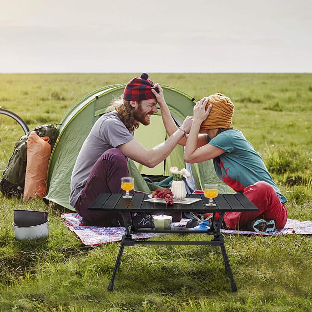 Black Adjustable Aluminum Folding Camping Table with Carrying Bag