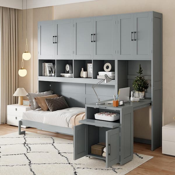 Qualler Gray Wood Frame Twin Size Murphy Bed with Closet, Drawers and Desk