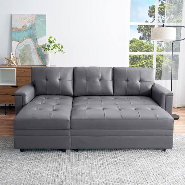 Naomi Home Lily Reversible Sleeper Sectional with Storage and USB Ports Color Gray Fabric Faux Leather