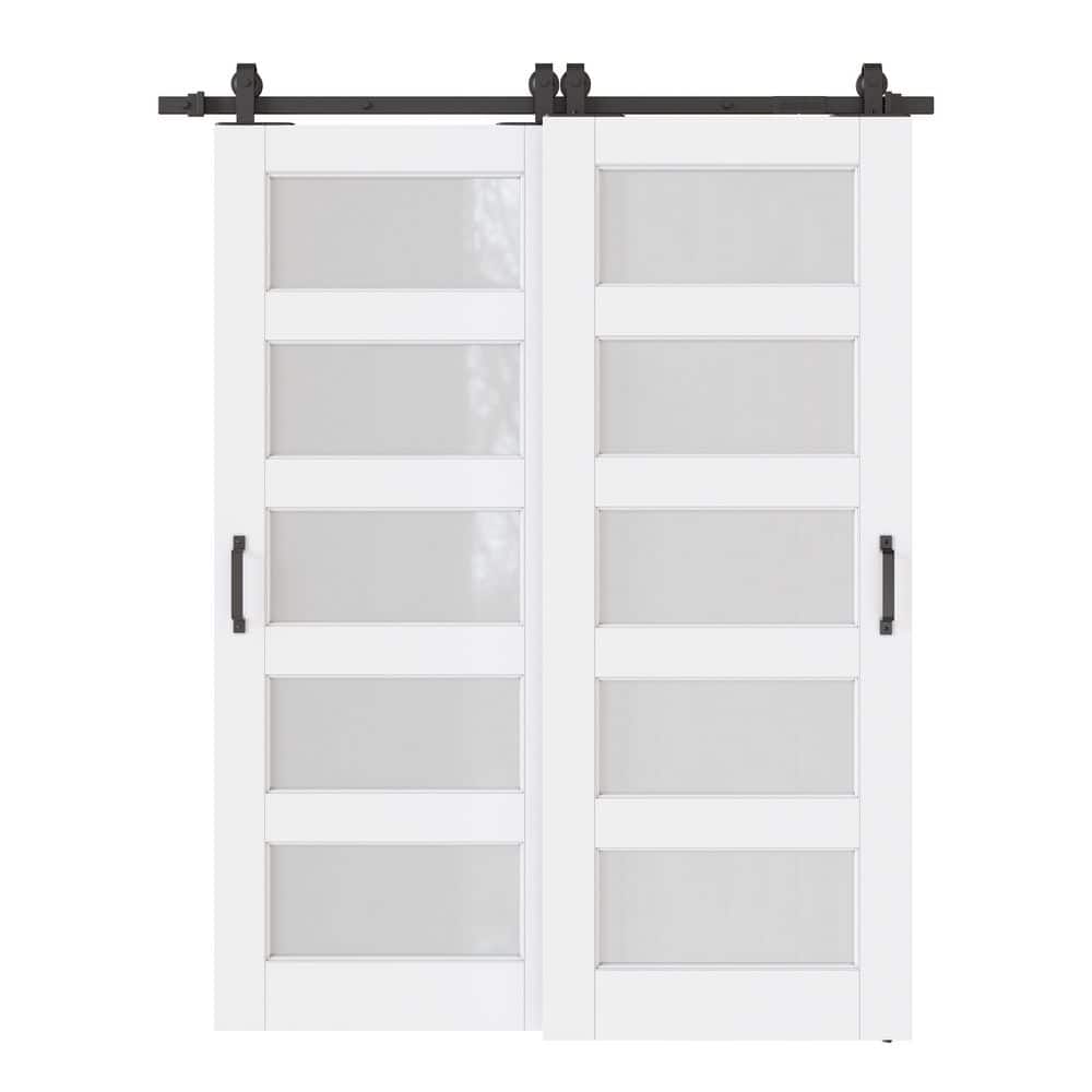 56 in. x 96 in. (Double 32 in.) 5-Lite Frosted Glass White Primed MDF Sliding Barn Door with Hardware Kit Bypass price history on PriceWatchPro