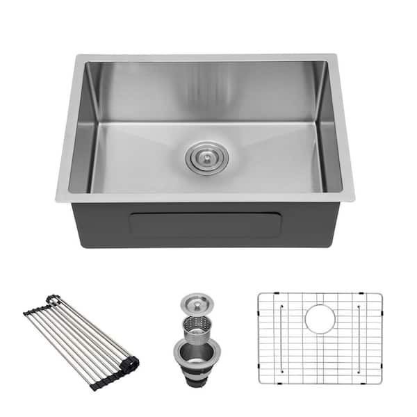 Sarlai 27 in. Undermount Single Bowl 16-Gauge Brushed Nickel Stainless Steel Round Corner Kitchen Sink with Bottom Grid