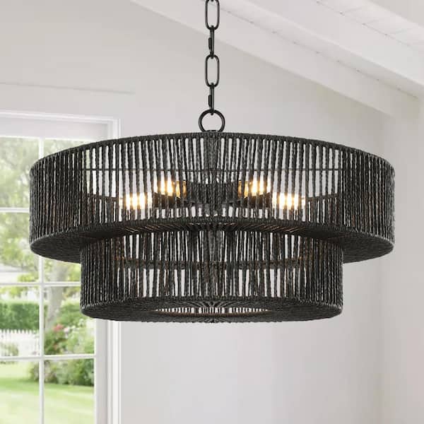 LamQee 22 in. 5-Light Black Drum Chandelier with 2-tier Rattan Shade