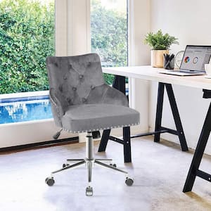 Adjustable Gray Velvet Fabric Armless Tufted Upholstered Swivel Office Task Chair with Tiltable Backrest