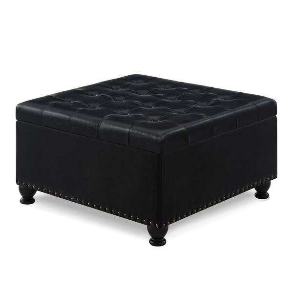 Tileon Large Square Storage Table with Wood Legs, Upholstered Tufted Coffee Table with Nail Trims for Living Room-Black