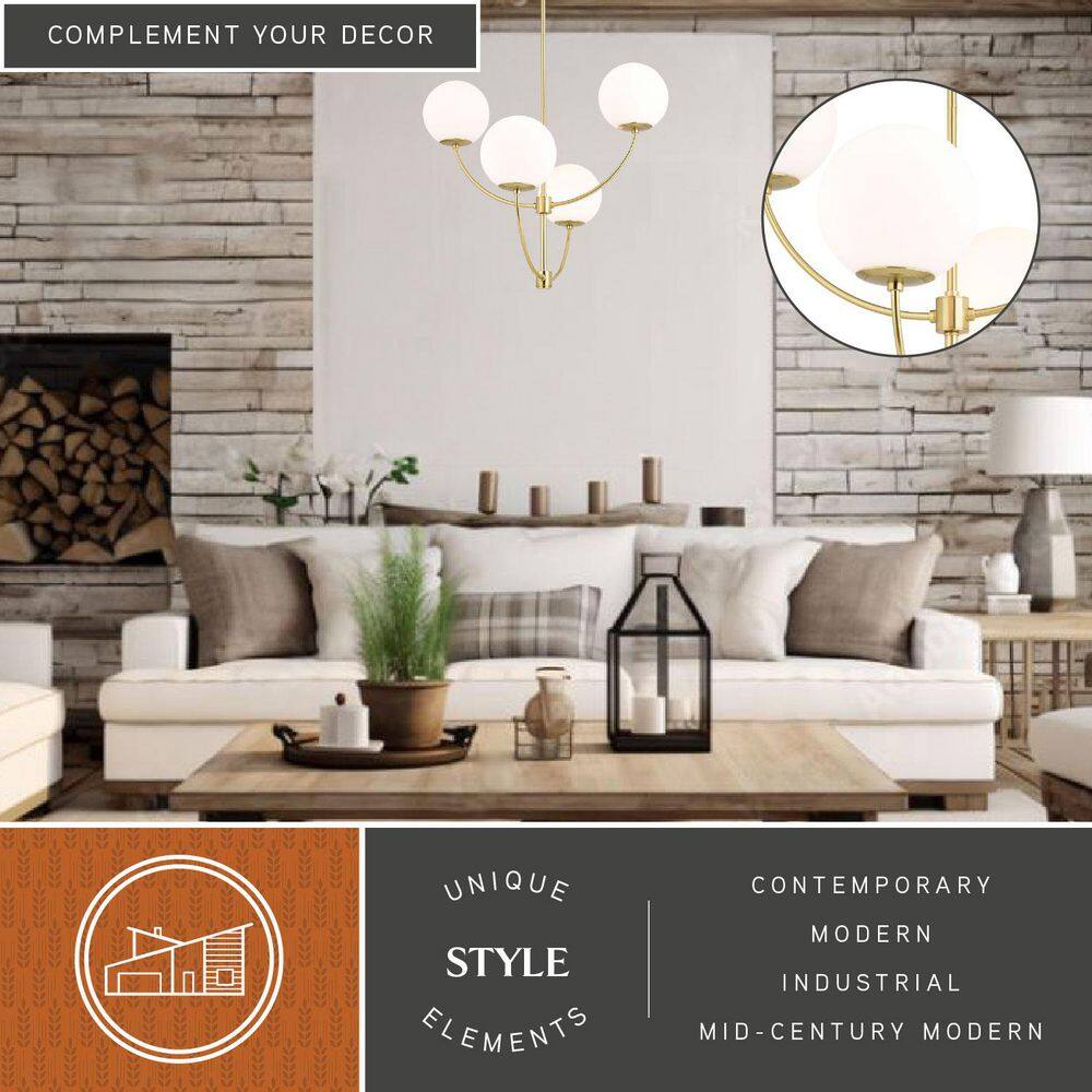 Avers 26" Gold Brass Mid-Century Modern Chandelier with White Globe Glass