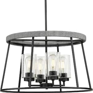 Laramie Collection 4-Light Matte Black Rustic Modern Clear Seeded Glass Chandelier