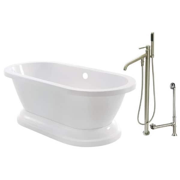 Aqua Eden Pedestal 67 in. Acrylic Flatbottom Bathtub in White and Floor-Mount Faucet Combo in Brushed Nickel