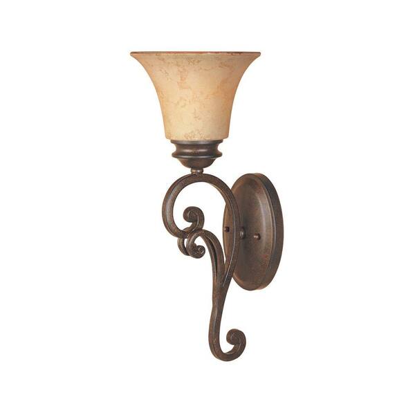 Designers Fountain Mendocino 7 in. 1-light Forged Sienna Mediterranean indoor wall sconce with Amber Glaze Glass Shade