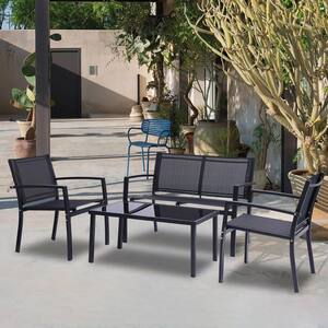 Modern Black 4-Piece Metal Patio Conversation Outdoor Conversation Sets Textilene Lawn Chair with Glass Coffee Table